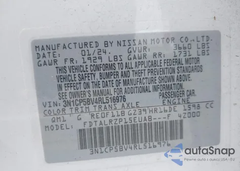 2024 Nissan Kicks S Xtronic Cvt z USA, uszkodzony, nr VIN 3N1CP5BV4RL516976